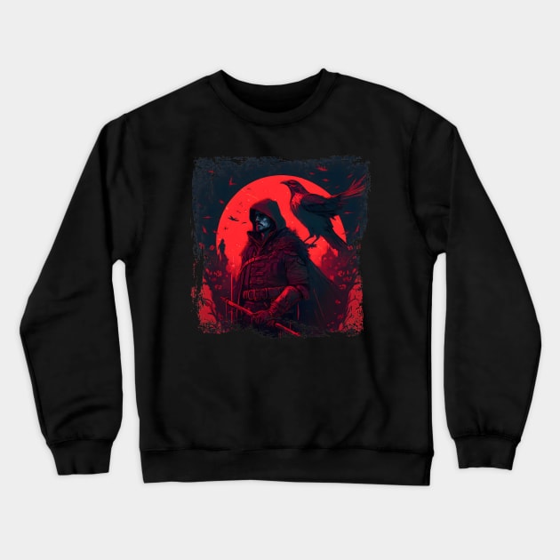 Raven Man Diablo BRZRKR a Witcher on Red Moon Crewneck Sweatshirt by MLArtifex